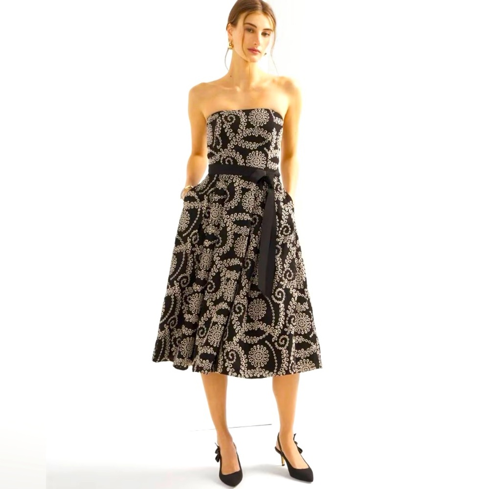 White House Black Market Black & Nude Strapless Embroidered MIDI Dress 10 NWT